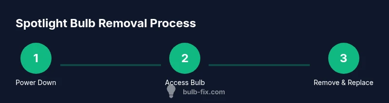 Process diagram showing power down, access, and removal of a spotlight bulb.