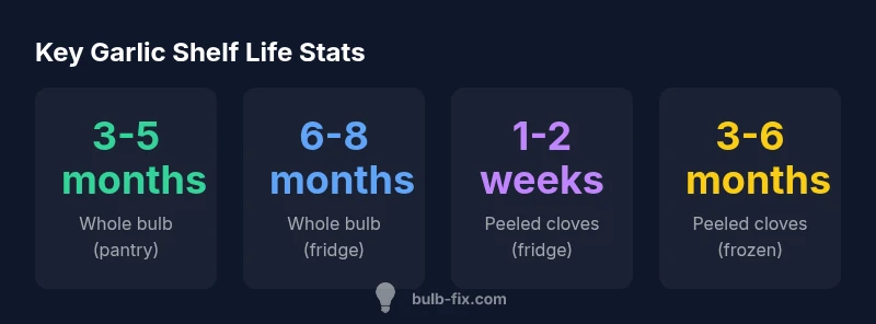 Infographic showing garlic shelf life in pantry, fridge, and freezer